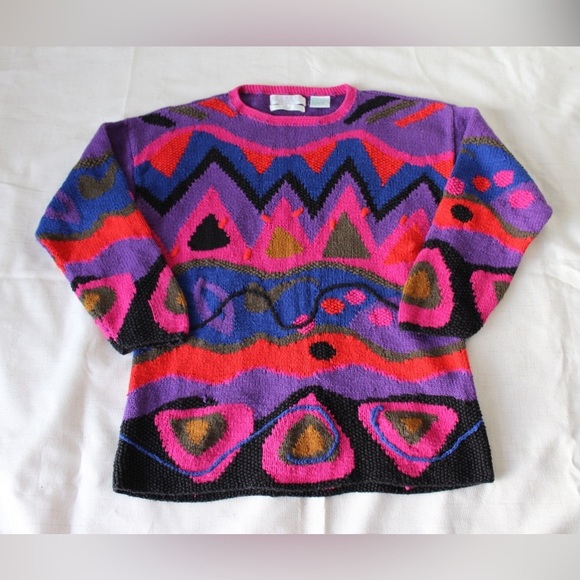 Vintage 80s purple and pink abstract knit sweater - Picture 1 of 7